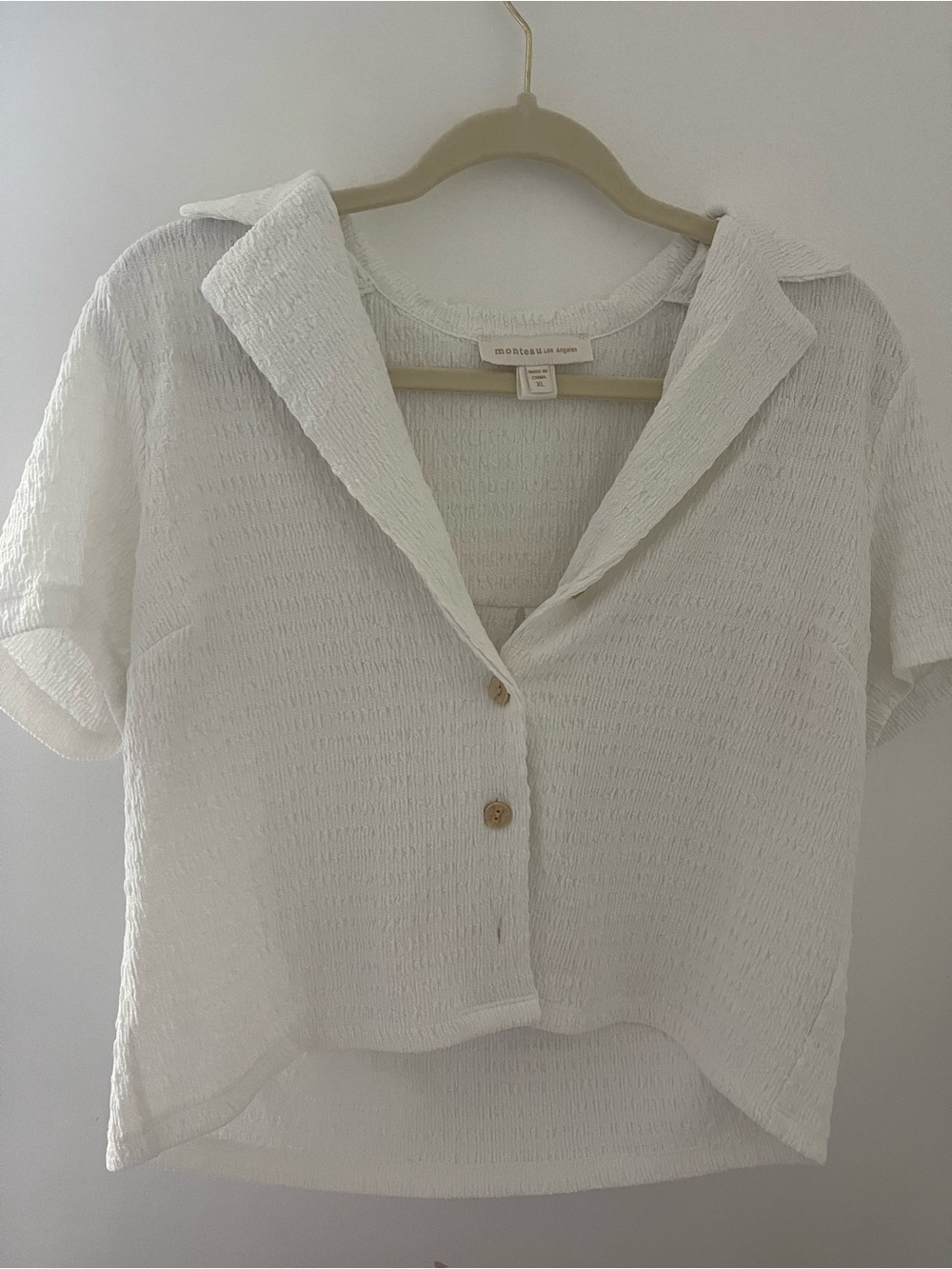 Monteau White Cropped Button-Front Textured Shirt